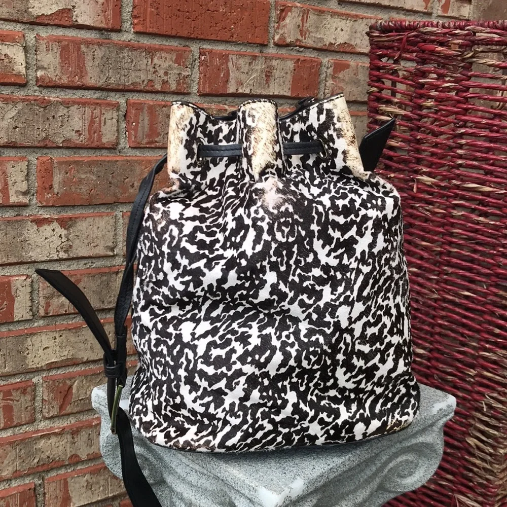 TORY BURCH Distressed Animal Print Dyed Haircalf Fur Bucket Purse